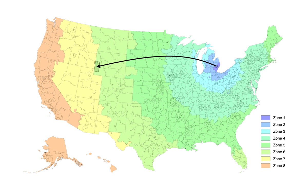 UPS ground shipping zone map from Detroit, MI